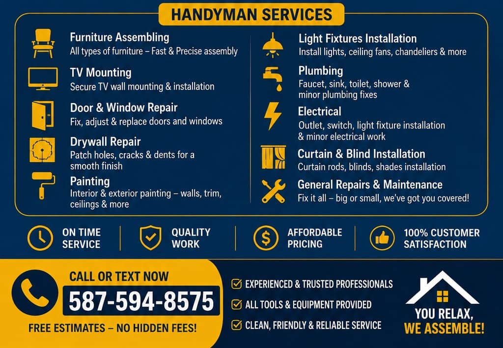 Edmonton handyman services — furniture assembly, TV mounting, drywall, painting, plumbing, electrical and general repairs