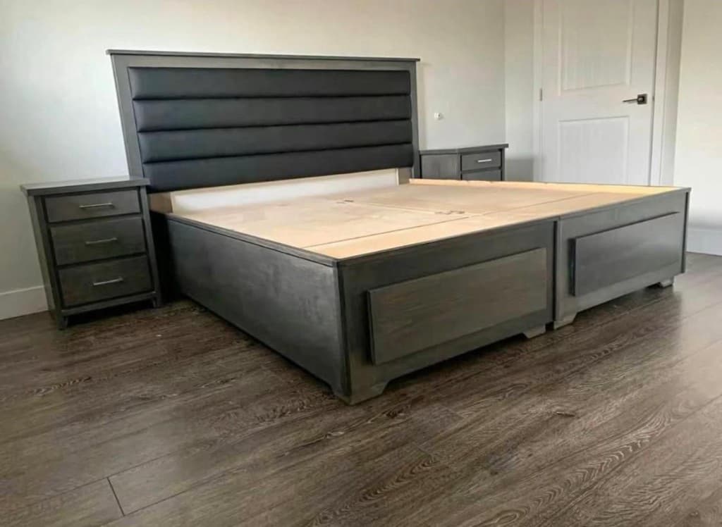 Finished grey custom storage box bed with under-bed drawers