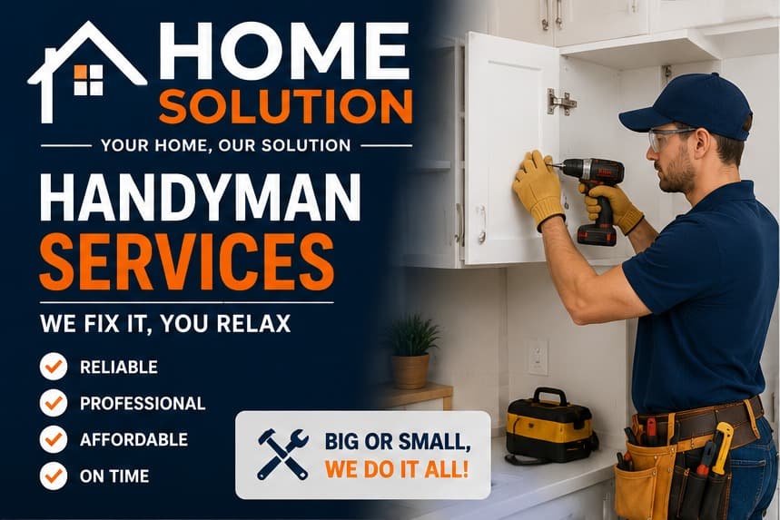 Home Solution Services handyman fixing kitchen cabinets in an Edmonton home — we fix it, you relax
