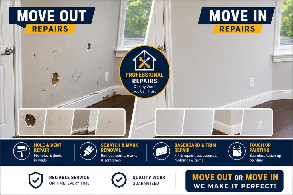 Before and after wall and baseboard repairs for an Edmonton move out and move in